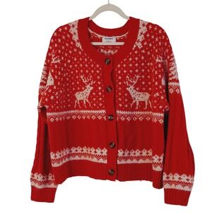 Old Navy XL Alpine Red FairIsle Reindeer Cardigan Sweater Knit Holiday Christmas